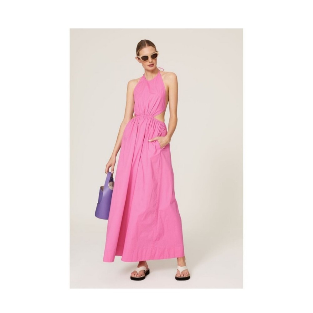 Straud Apfel Long Halter Dress Pink Cotton Open Back w/ Ties Full Skirt‎ SZ  L